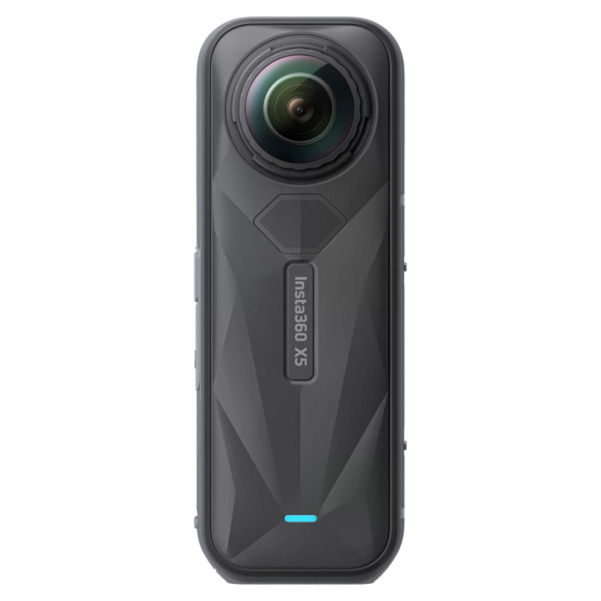 Insta360 X5 Essentials-pakke, 8K 360° video, bred linse, tekstureret krop, blå indikatorlys, FlowState-stabilisering.