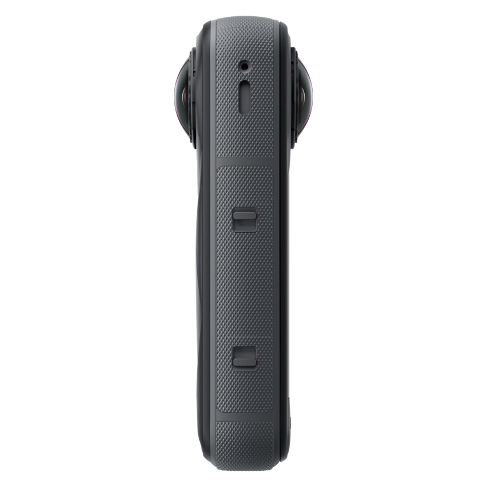 Insta360 X5 Essentials-pakke actionkamera sort, sidevisning med tekstureret greb, to knapper, runde linsekanter, 8K 360° video.