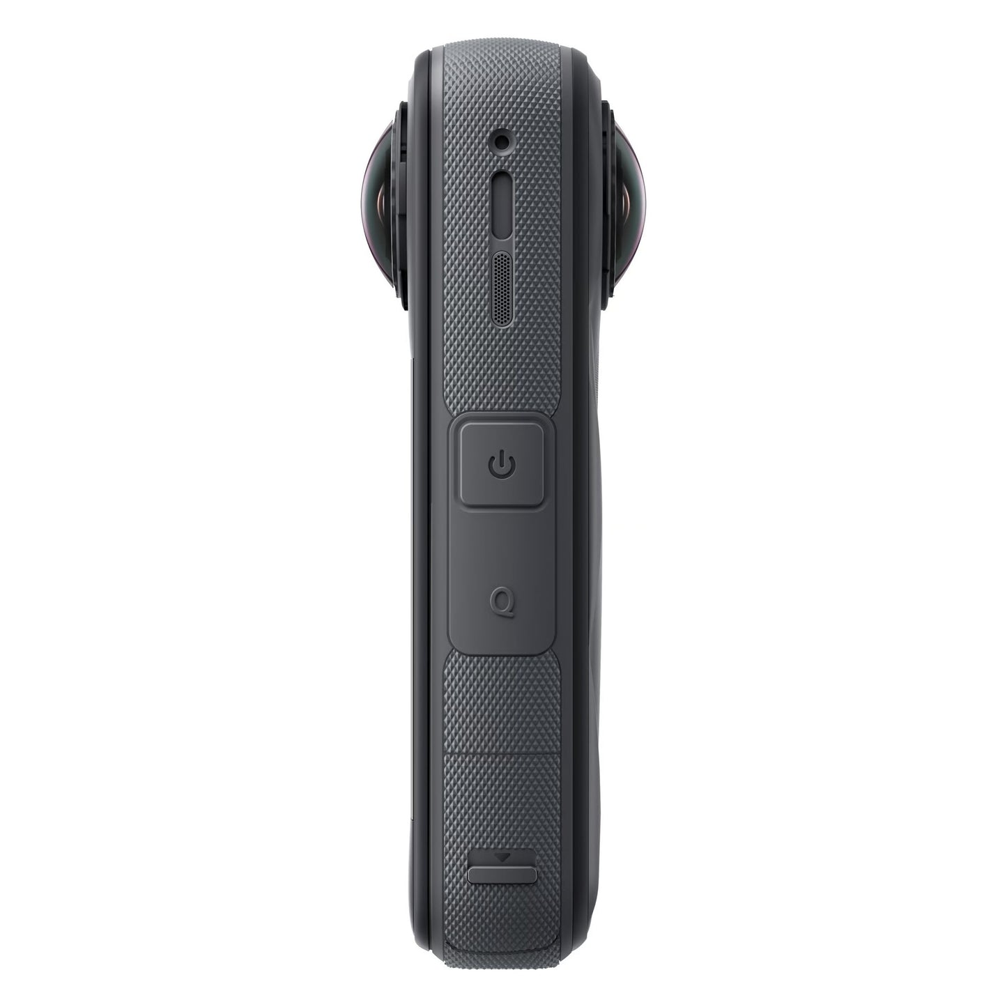 Insta360 X5 Essentials-pakke 360° actionkamera fra siden med logoknapper, FlowState-stabilisering, greb og fisheye-linse.