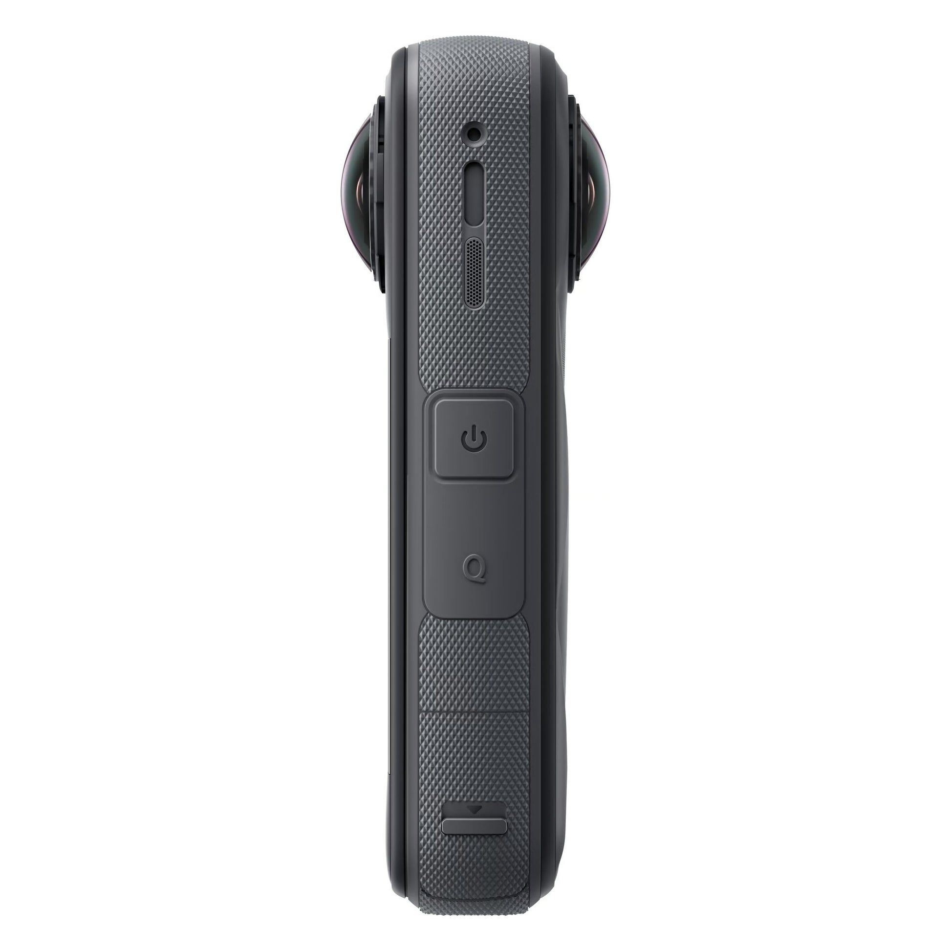 Insta360 X5 Essentials-pakke 360° actionkamera fra siden med logoknapper, FlowState-stabilisering, greb og fisheye-linse.