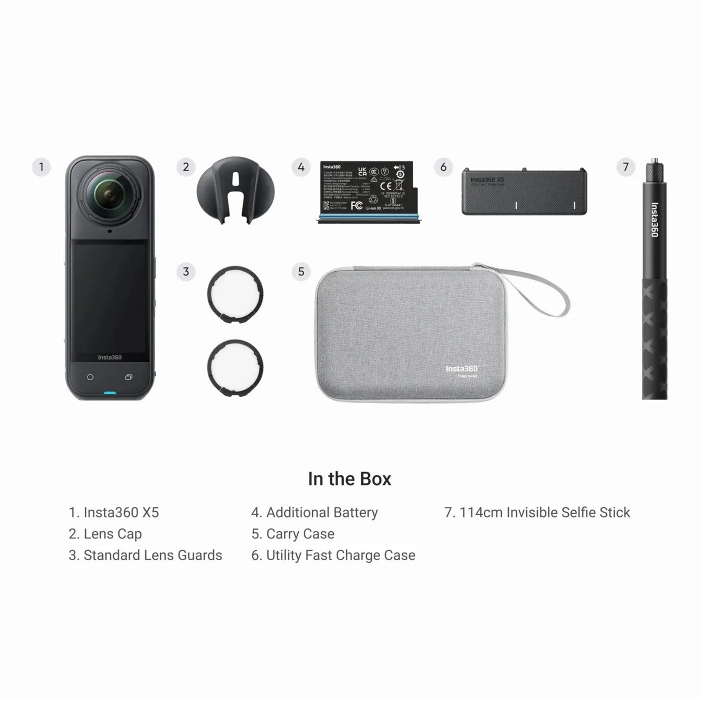 Insta360 X5 Essentials-pakke actionkamera 360° video FlowState, linsebeskytter, 2 linsevern, batteri, etui, lader, selfiestang.
