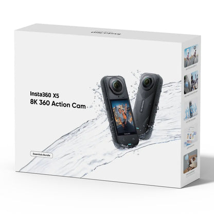 Insta360 X5 Essentials-pakke æske med to kameraer, vandsprøjt, skærm med skiløb og 8K 360°-video FlowState-funktion.