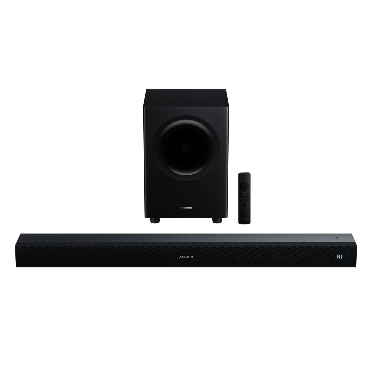 Xiaomi Soundbar Pro 2.1 ch 300W sort med trådløs subwoofer og fjernbetjening, lydbar forrest, subwoofer bagved.