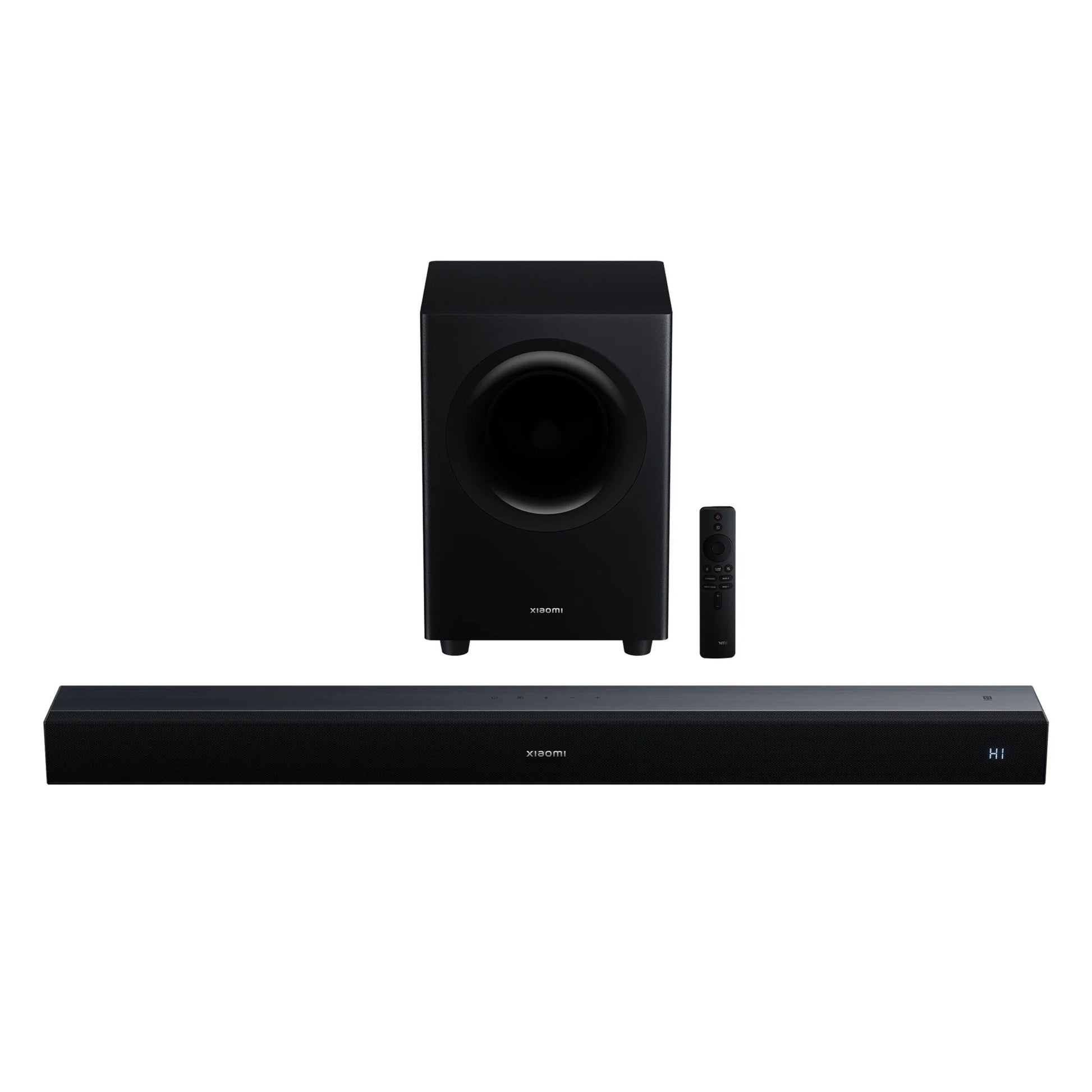 Xiaomi Soundbar Pro 2.1 ch 300W sort med trådløs subwoofer og fjernbetjening, lydbar forrest, subwoofer bagved.