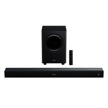 Xiaomi Soundbar Pro 2.1 ch 300W sort med trådløs subwoofer og fjernbetjening, lydbar forrest, subwoofer bagved.