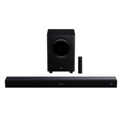 Xiaomi Soundbar Pro 2.1 ch 300W sort med trådløs subwoofer og fjernbetjening, lydbar forrest, subwoofer bagved.