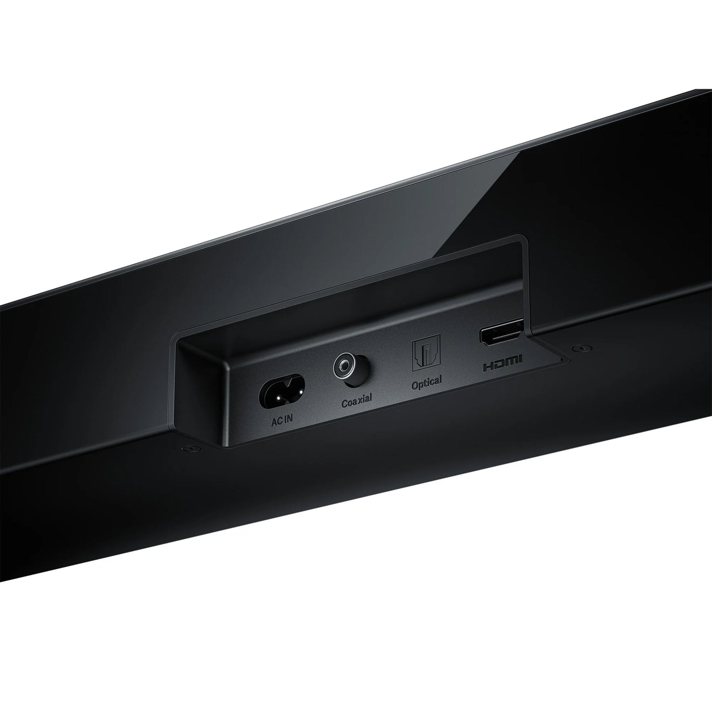 Xiaomi Soundbar Pro 2.1ch sort, nærbillede af inputpanel med AC IN, koaksial, optisk og HDMI, 300W, Dolby Audio.