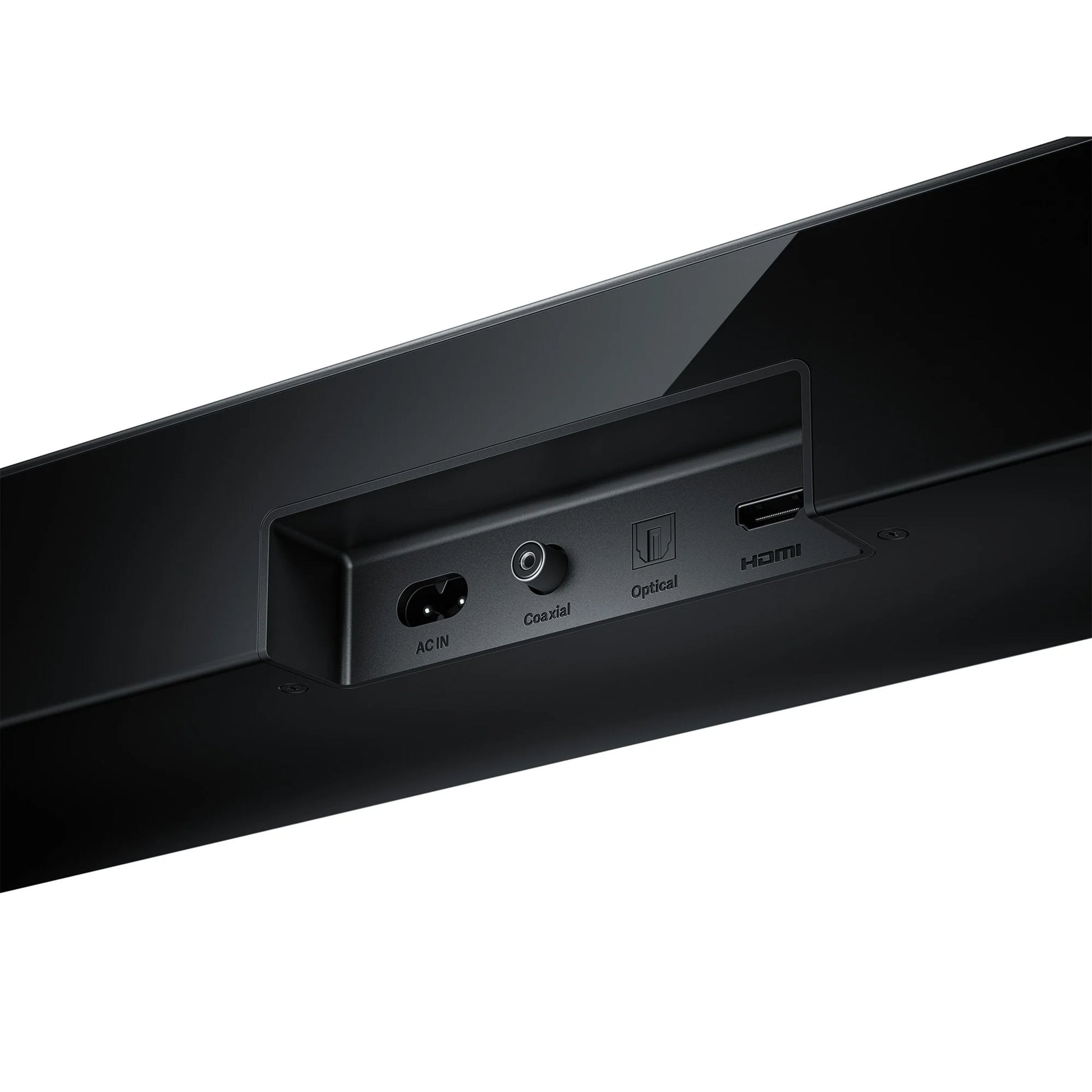 Xiaomi Soundbar Pro 2.1ch sort, nærbillede af inputpanel med AC IN, koaksial, optisk og HDMI, 300W, Dolby Audio.