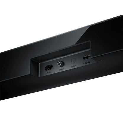 Xiaomi Soundbar Pro 2.1ch sort, nærbillede af inputpanel med AC IN, koaksial, optisk og HDMI, 300W, Dolby Audio.