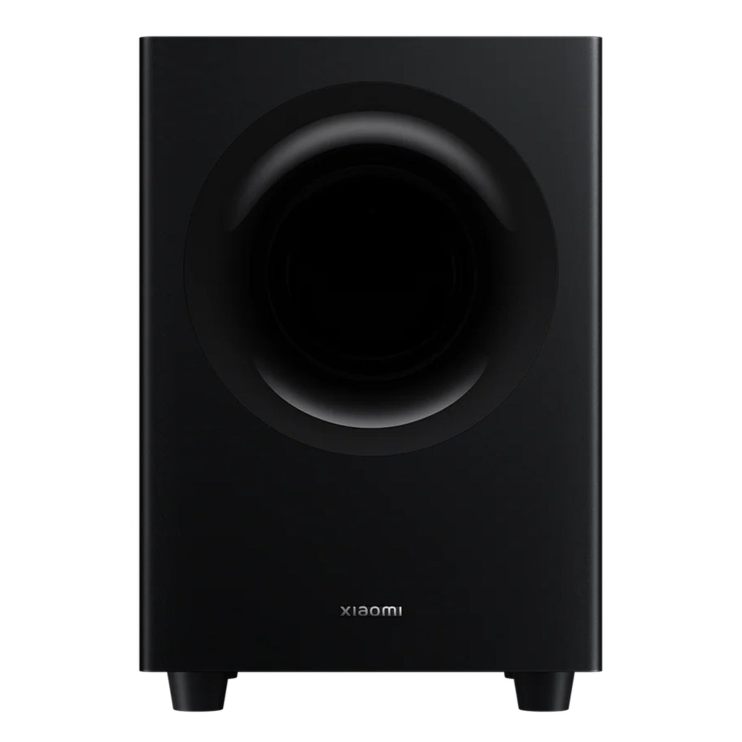 Xiaomi Soundbar Pro 2.1 ch 300 W sort trådløs subwoofer med cirkulært frontgitter og fire korte ben, kompatibel med Soundbar Pro.