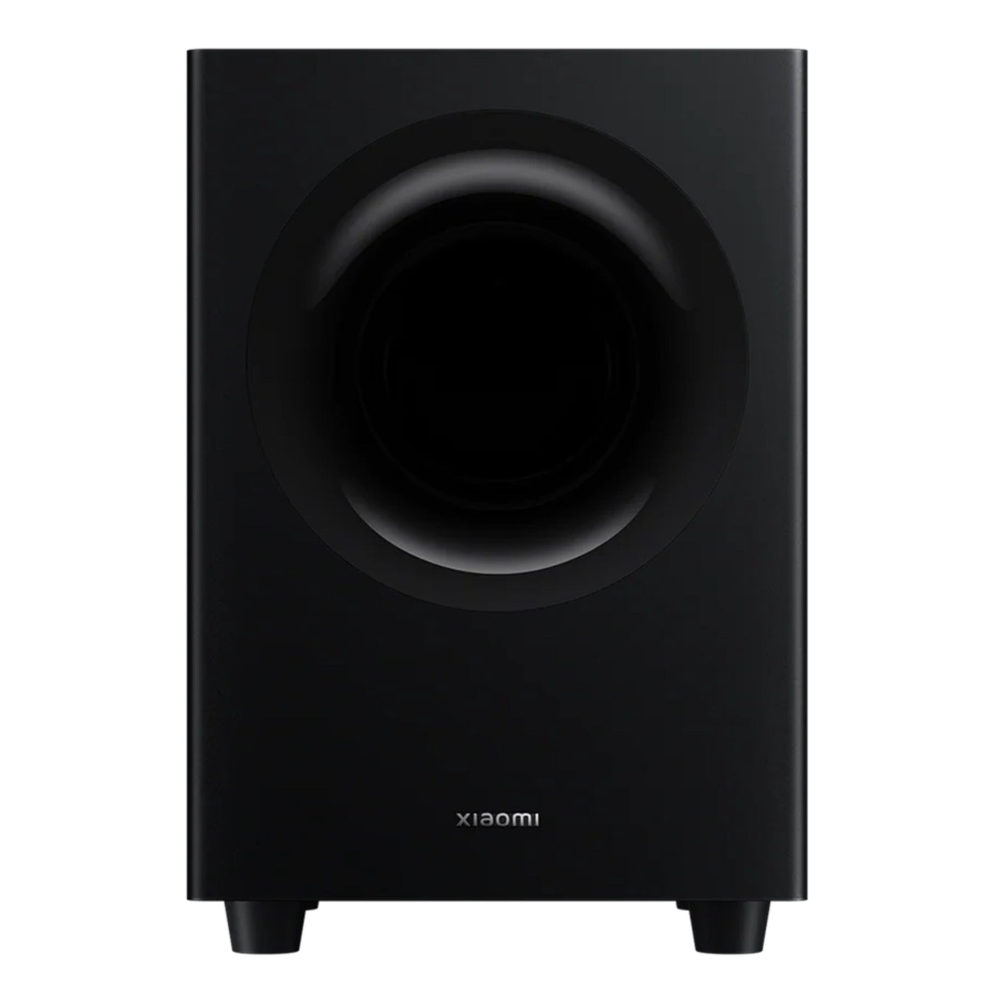 Xiaomi Soundbar Pro 2.1 ch 300 W sort trådløs subwoofer med cirkulært frontgitter og fire korte ben, kompatibel med Soundbar Pro.