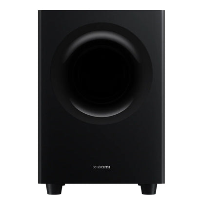Xiaomi Soundbar Pro 2.1 ch 300 W sort trådløs subwoofer med cirkulært frontgitter og fire korte ben, kompatibel med Soundbar Pro.