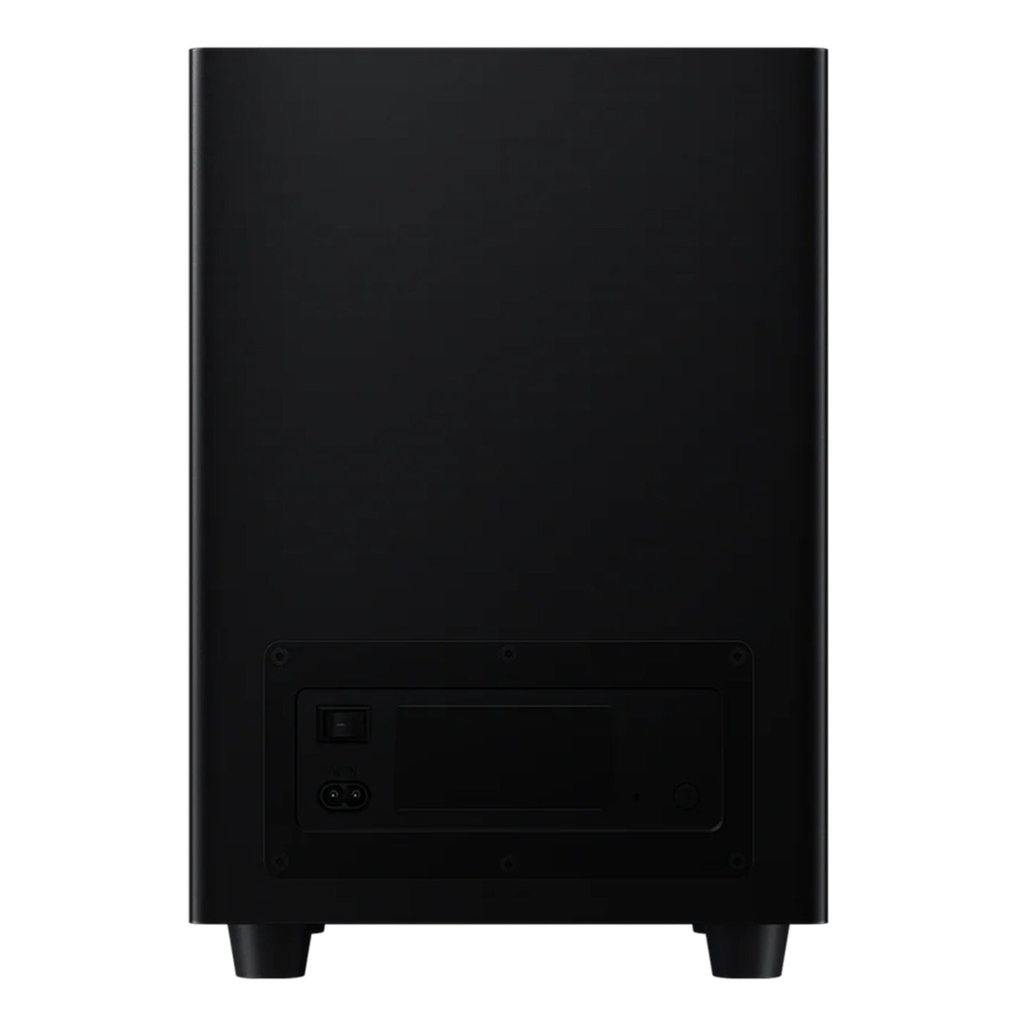 Xiaomi Soundbar Pro 2.1 ch 300W sort subwoofer bagfra med tænd/sluk-knap, stik og tilslutning nederst, Dolby Audio-understøttelse.