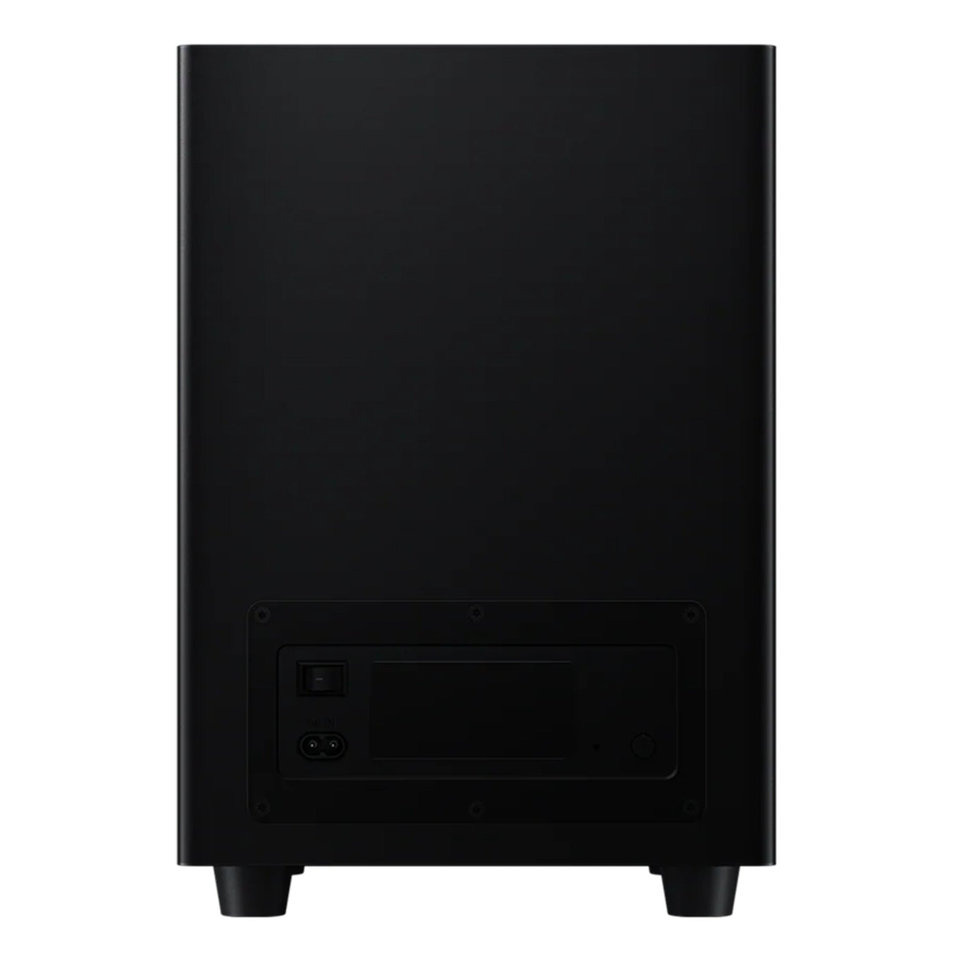 Xiaomi Soundbar Pro 2.1 ch 300W sort subwoofer bagfra med tænd/sluk-knap, stik og tilslutning nederst, Dolby Audio-understøttelse.