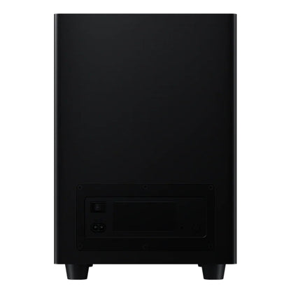 Xiaomi Soundbar Pro 2.1 ch 300W sort subwoofer bagfra med tænd/sluk-knap, stik og tilslutning nederst, Dolby Audio-understøttelse.