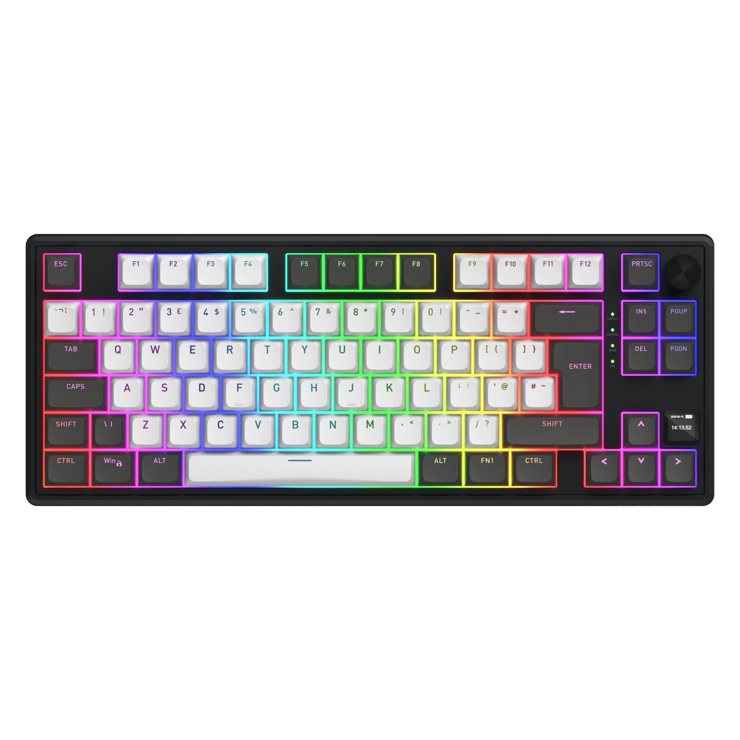 HATOR Skyfall 80 PRO trådløst gamingtastatur sort kompakt, hvide PBT-taster, RGB-lys, hot-swap switches, display, drejeknap.