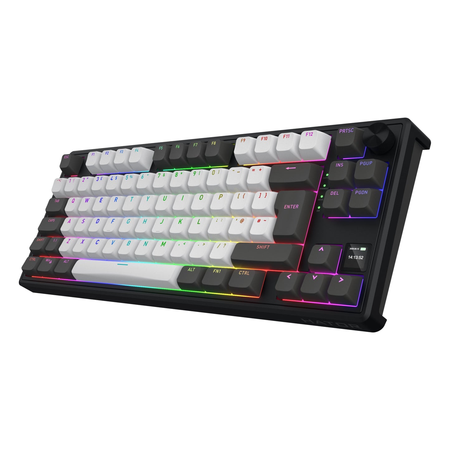 HATOR Skyfall 80 PRO trådløst gamingtastatur, kompakt mekanisk, hvid/grå PBT-taster, sort ramme, RGB, hot-swappable.