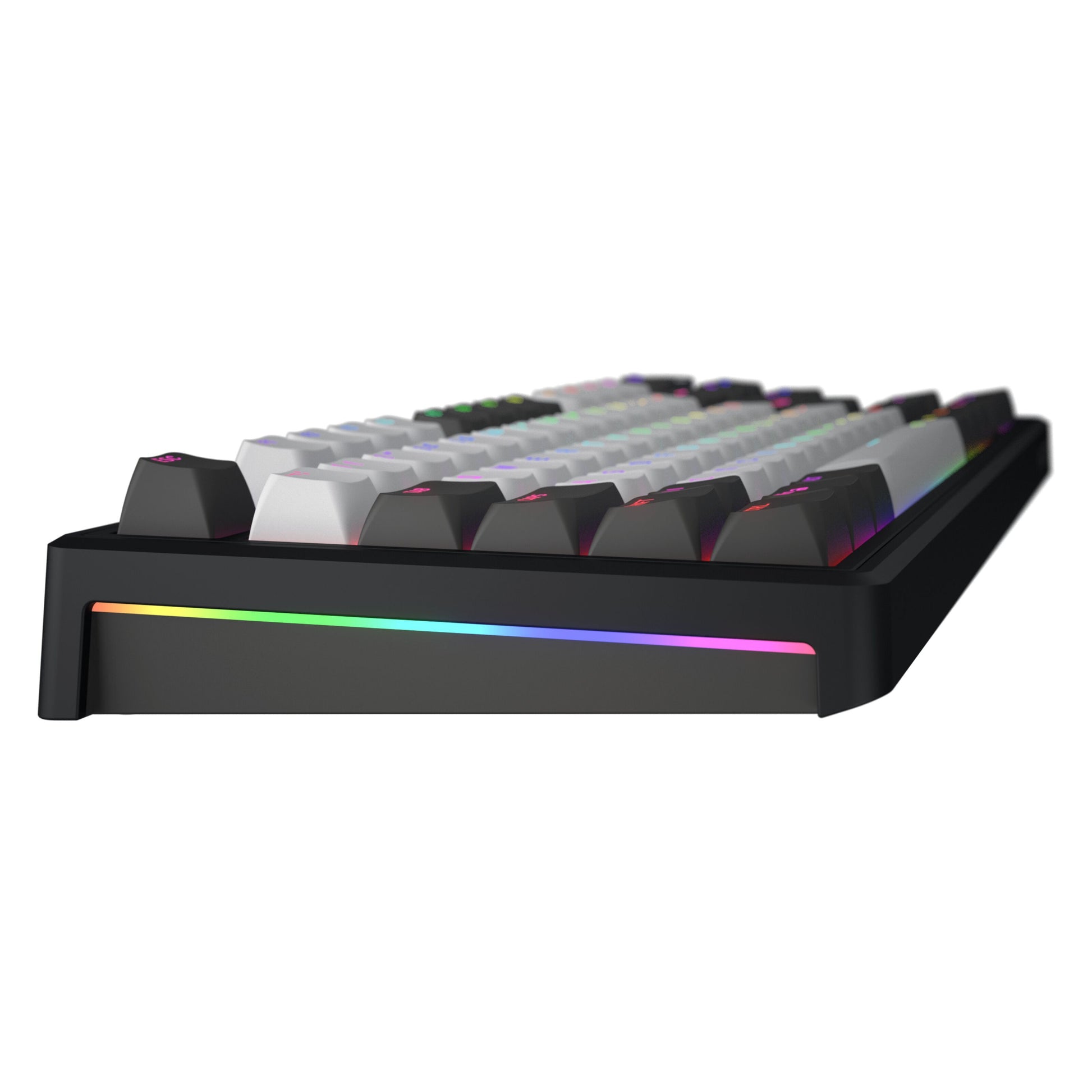 HATOR Skyfall 80 PRO trådløst gamingtastatur, sort ramme, hvide og sorte PBT-taster, RGB-lysstrip langs siden.