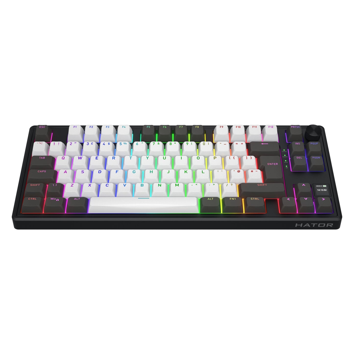 HATOR Skyfall 80 PRO trådløst sort gamingtastatur, hvide PBT keycaps, RGB lys, hot-swappable switches, volumeknap.
