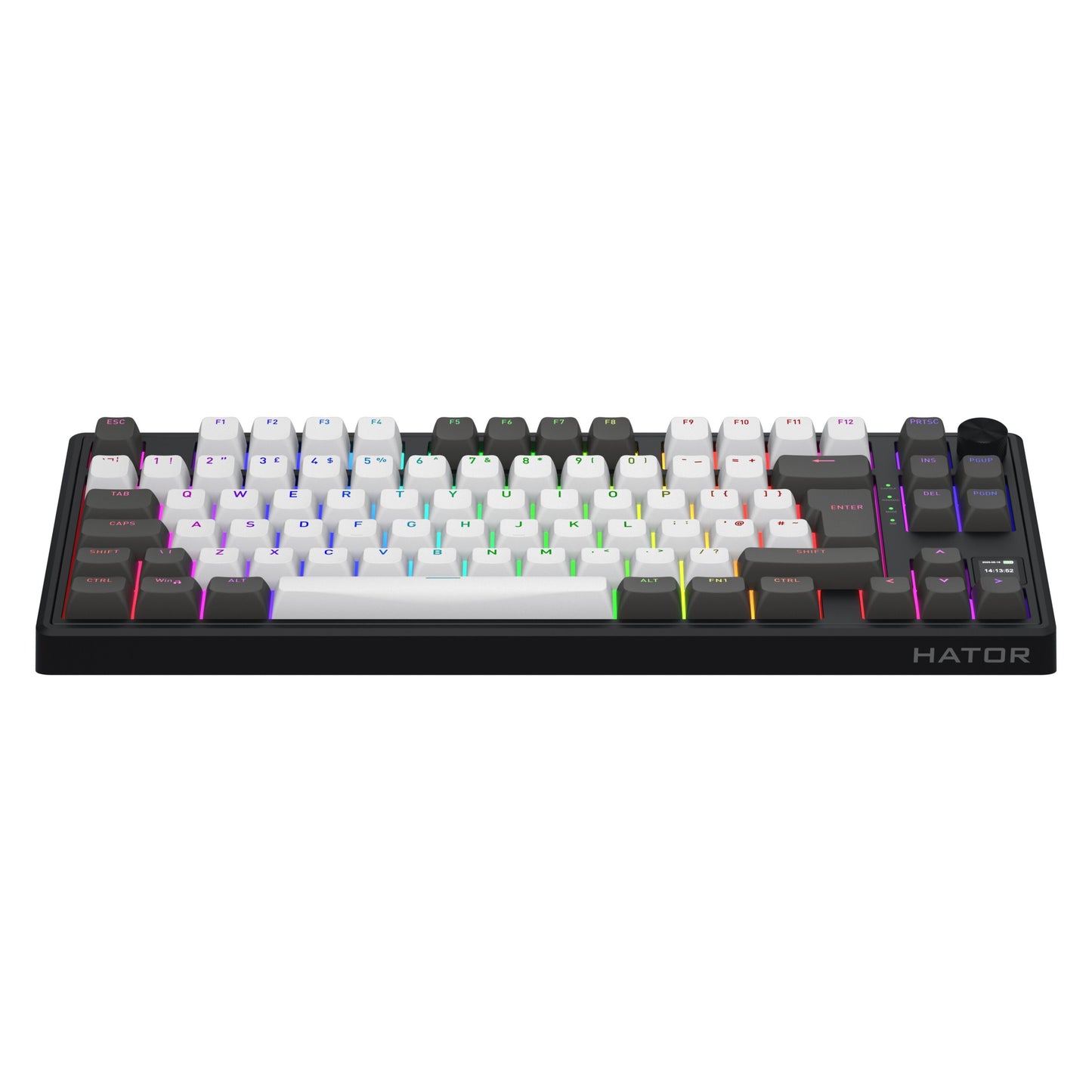 HATOR Skyfall 80 PRO trådløst gamingtastatur, kompakt mekanisk, hot-swappable switches, hvide/sorte taster, RGB-lys.