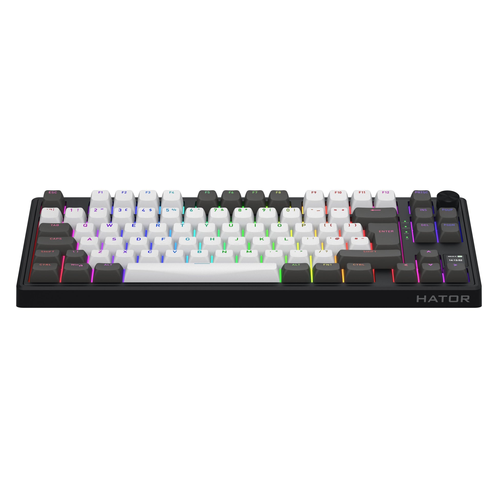 HATOR Skyfall 80 PRO trådløst gamingtastatur, kompakt mekanisk, hot-swappable switches, hvide/sorte taster, RGB-lys.