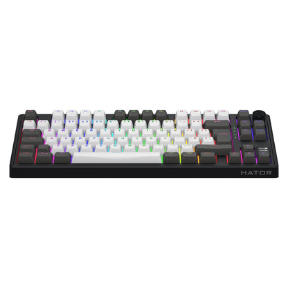 HATOR Skyfall 80 PRO trådløst gamingtastatur, kompakt mekanisk, hot-swappable switches, hvide/sorte taster, RGB-lys.