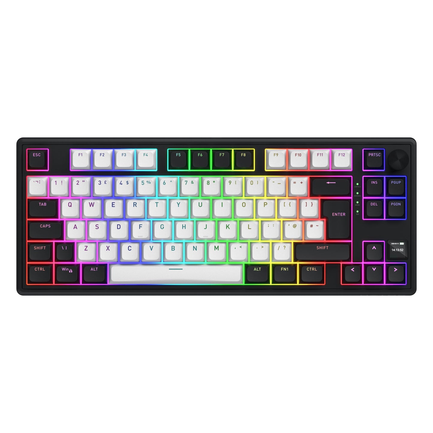 HATOR Skyfall 80 MAG Ultima 8K trådløst mekanisk tastatur, sortering, RGB rød-lilla, funktionsknapper, volumenhjul.