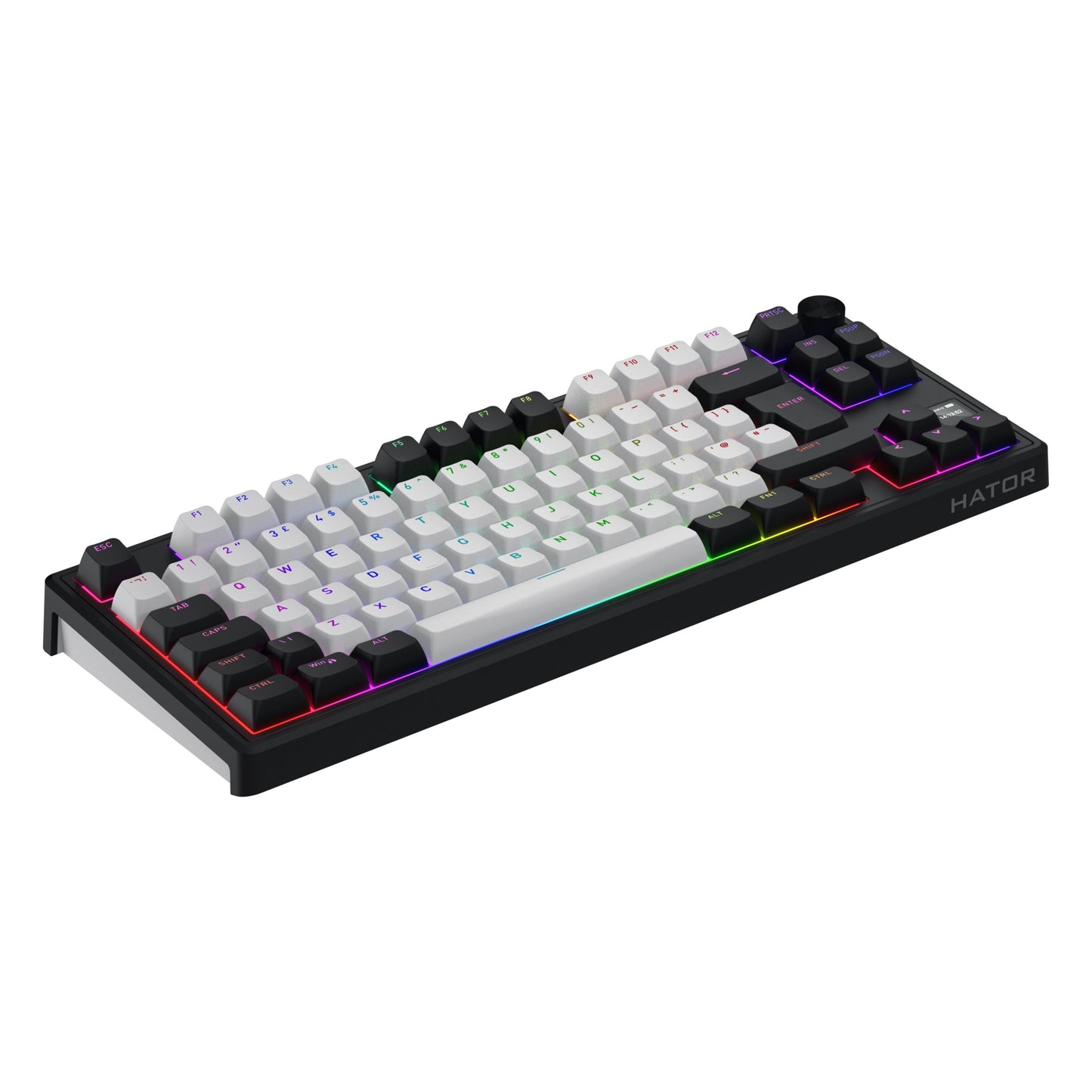 HATOR Skyfall 80 MAG Ultima 8K trådløst gamingtastatur, sort og hvid taster, RGB lys, magnetiske switches, Hator logo.