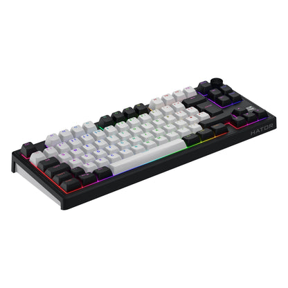 HATOR Skyfall 80 MAG Ultima 8K trådløst gamingtastatur, sort og hvid taster, RGB lys, magnetiske switches, Hator logo.