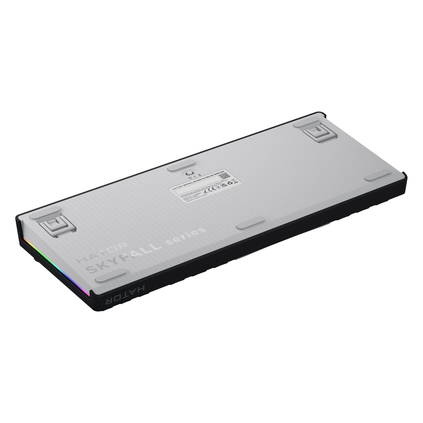 HATOR Skyfall 80 MAG Ultima 8K trådløst gamingtastatur bund, grå, sorte kanter, gummifødder, udklapsben, info-label.