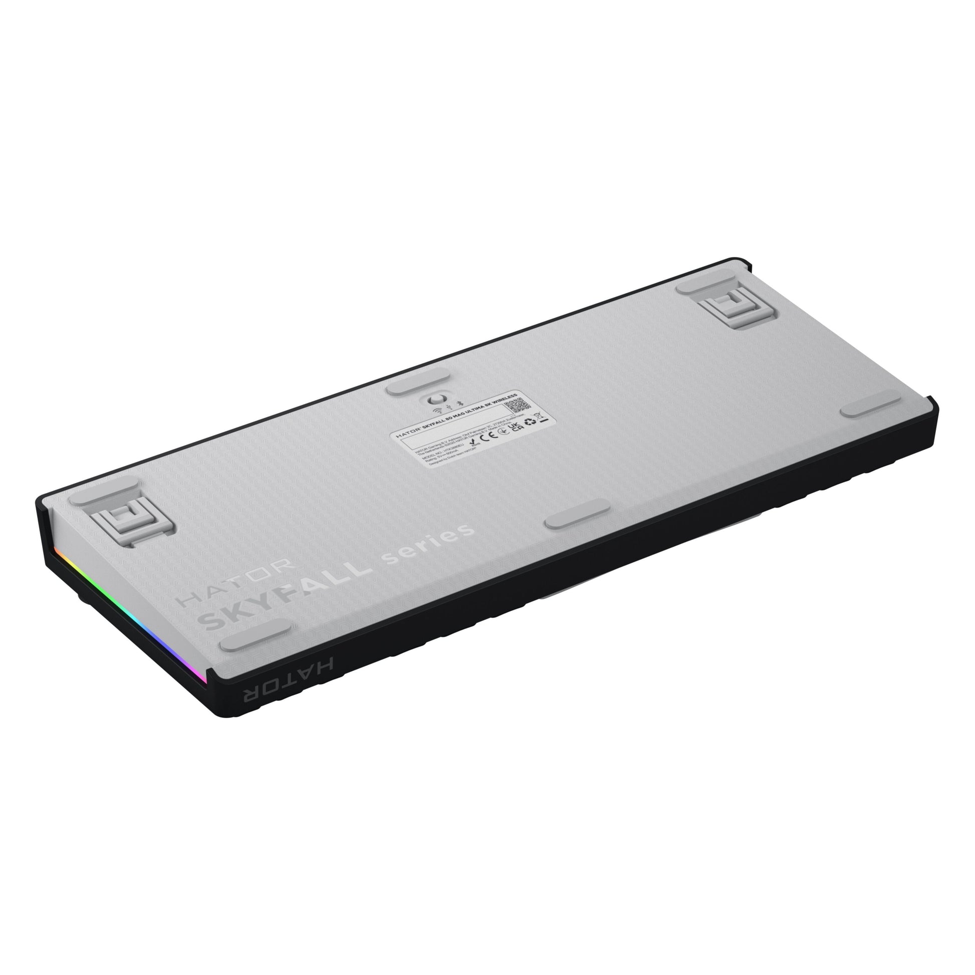 HATOR Skyfall 80 MAG Ultima 8K trådløst gamingtastatur bund, grå, sorte kanter, gummifødder, udklapsben, info-label.