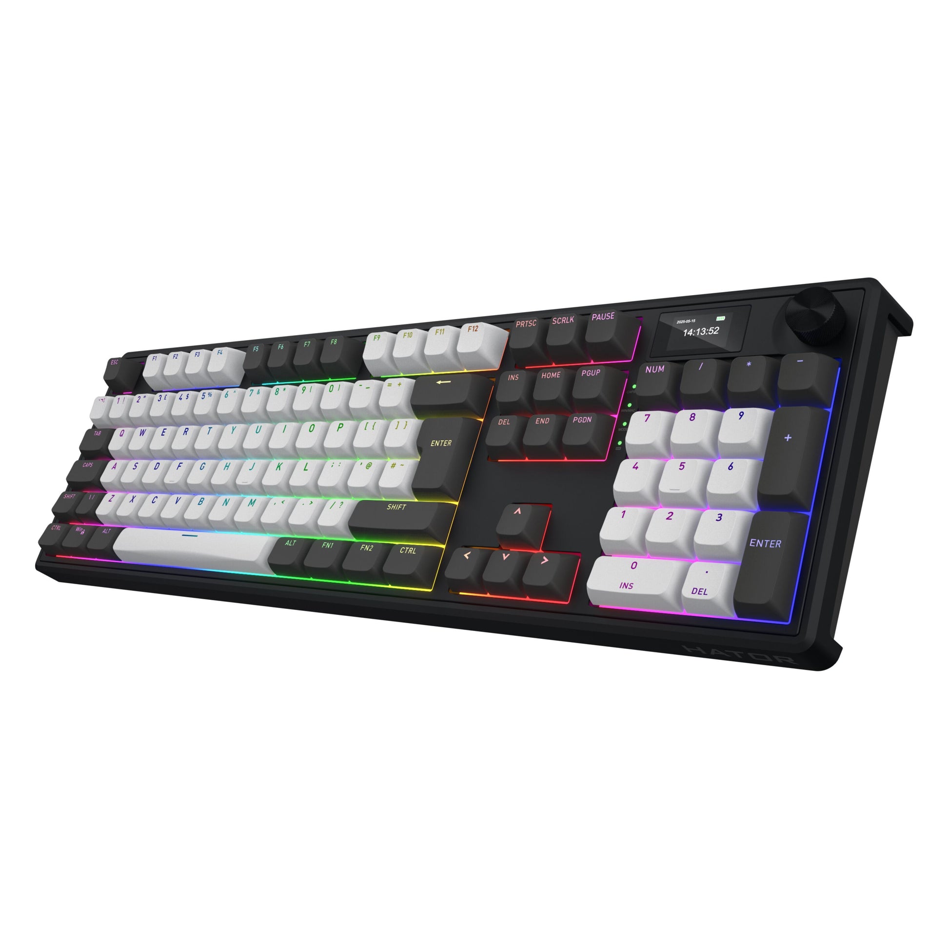 HATOR Skyfall 100 Pro trådløst sort mekanisk tastatur med hvide/sorte taster, RGB-lys, linære switches, dato/tidsdisplay.