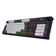 HATOR Skyfall 100 Pro trådløst sort mekanisk tastatur med hvide/sorte taster, RGB-lys, linære switches, dato/tidsdisplay.