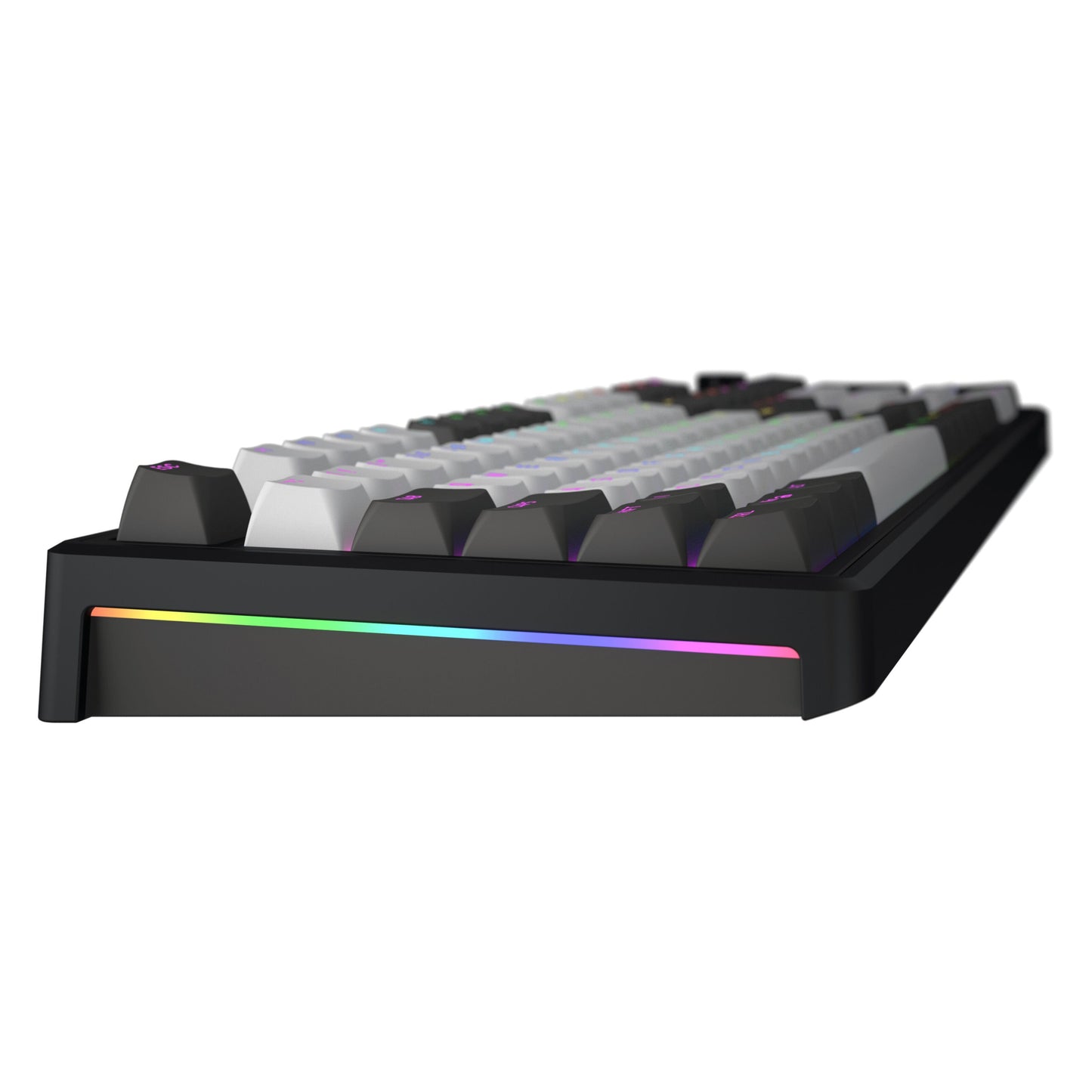 HATOR Skyfall 100 Pro trådløst gamingtastatur med sorte, hvide og grå taster, stille lineære kontakter, RGB-lysbånd i siden.