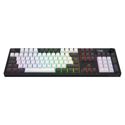 HATOR Skyfall 100 Pro trådløst gamingtastatur med RGB-belysning, stille lineære switches og LCD-display med dato og tid.