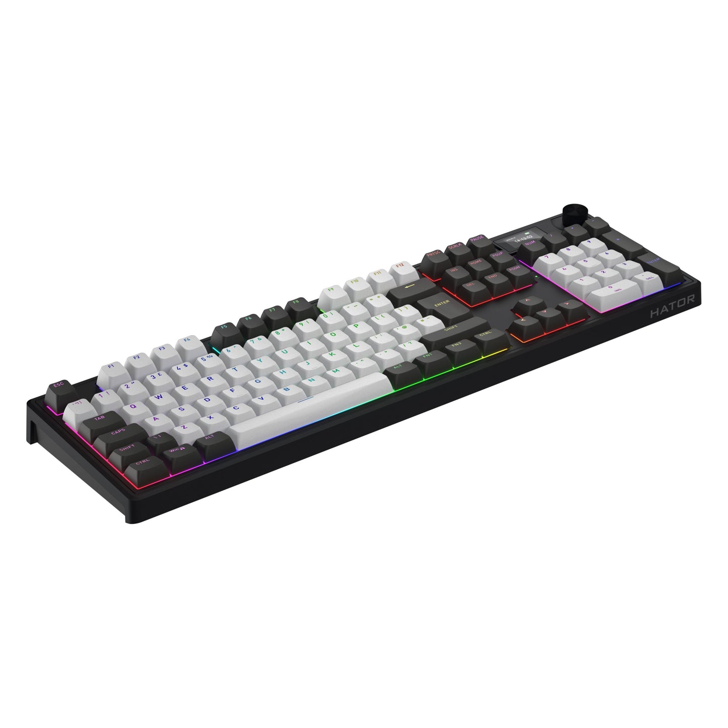 HATOR Skyfall 100 Pro trådløst gamingtastatur med sorte, hvide og grå taster, RGB-lys, numerisk tastatur og HATOR-logo.