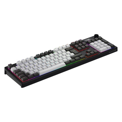 HATOR Skyfall 100 Pro trådløst gamingtastatur med sorte, hvide og grå taster, RGB-lys, numerisk tastatur og HATOR-logo.