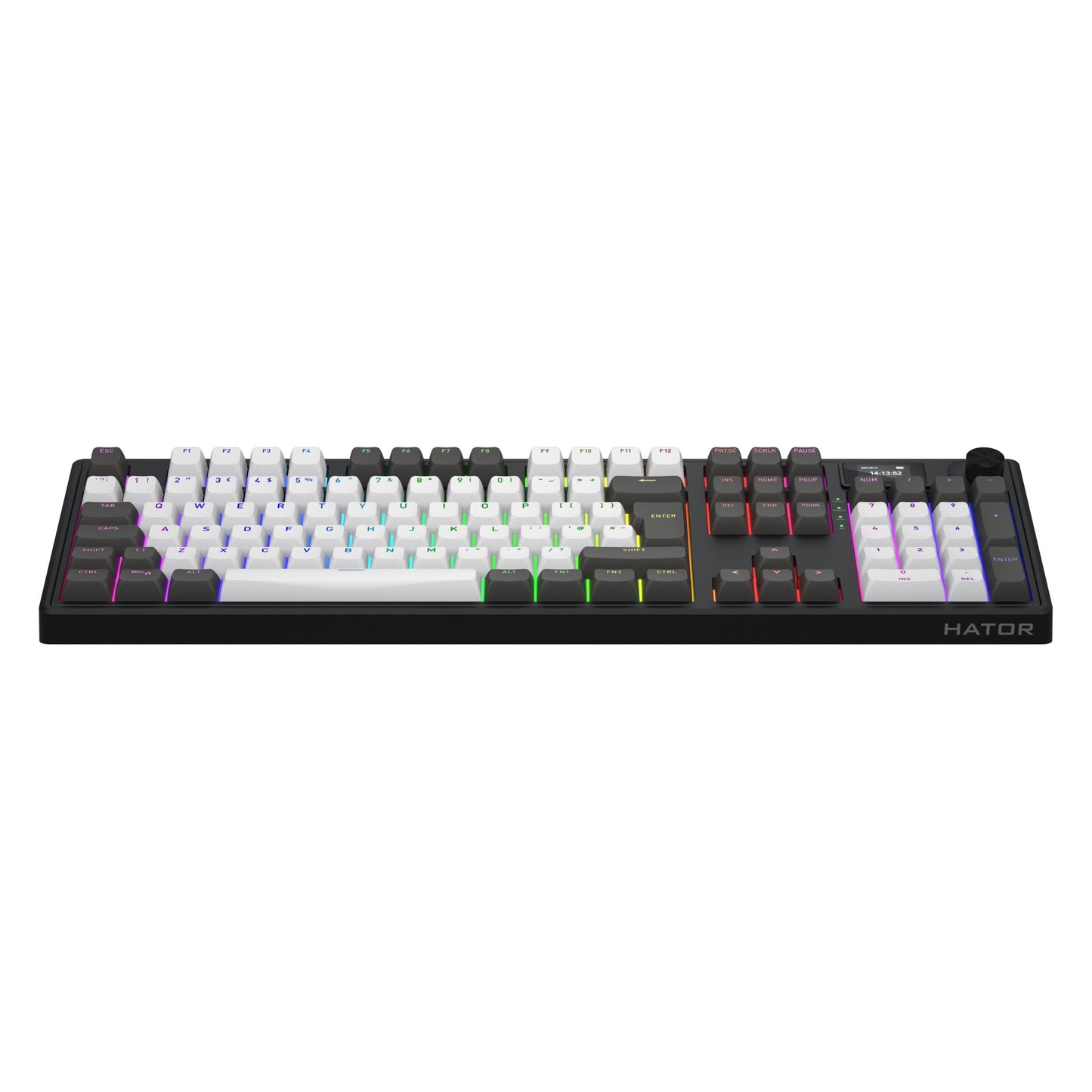 HATOR Skyfall 100 Pro trådløst gamingtastatur sort, hvide/mørke taster, RGB lys, lineære switches, numpad, volumenhjul.