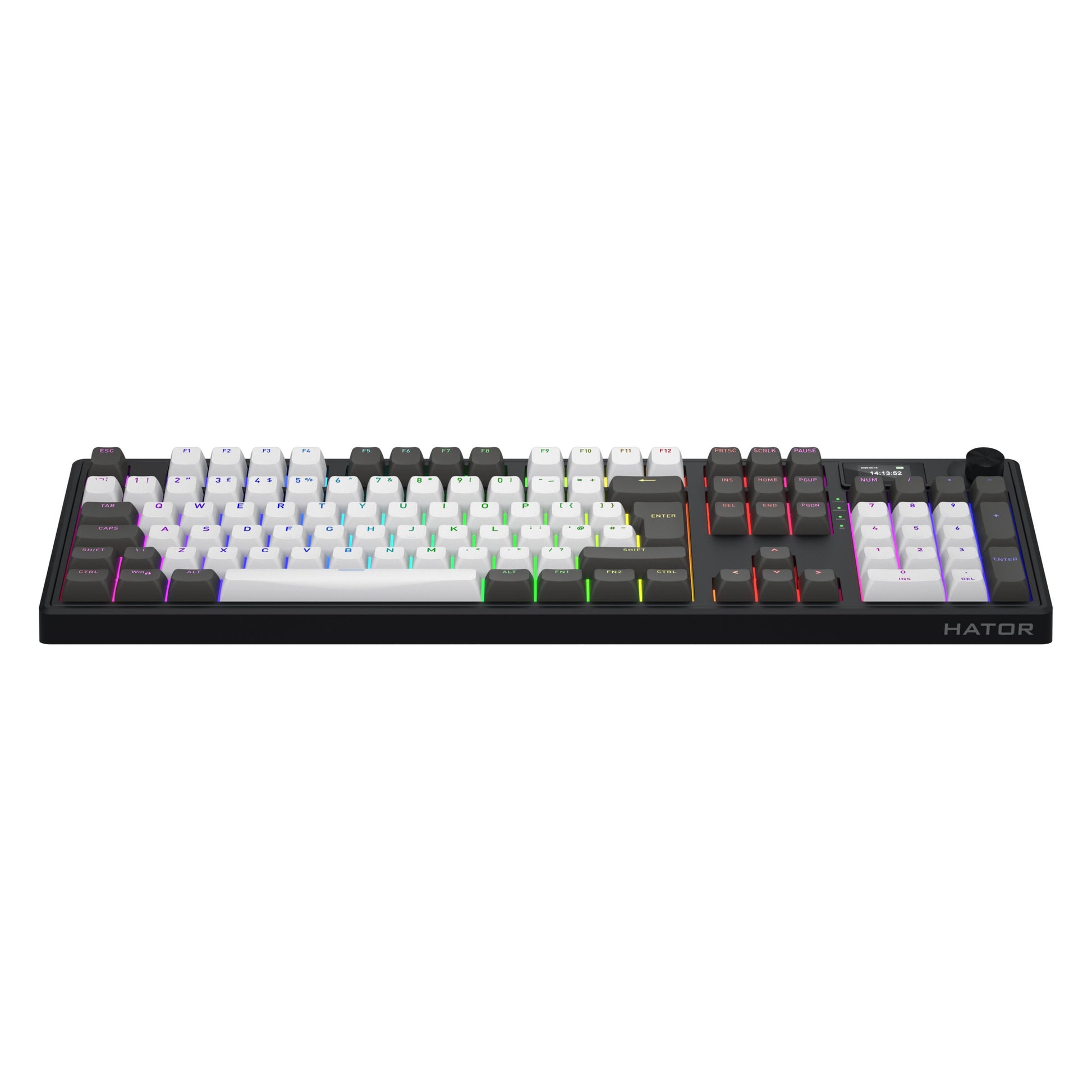 HATOR Skyfall 100 Pro trådløst gamingtastatur sort, hvide/mørke taster, RGB lys, lineære switches, numpad, volumenhjul.