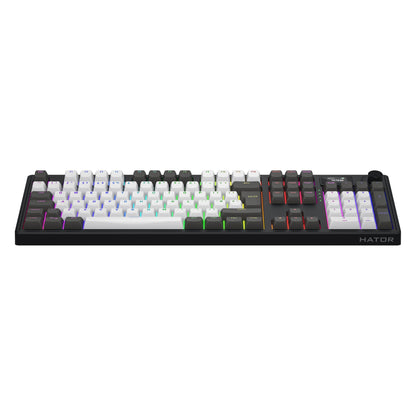 HATOR Skyfall 100 Pro trådløst gamingtastatur sort, hvide/mørke taster, RGB lys, lineære switches, numpad, volumenhjul.