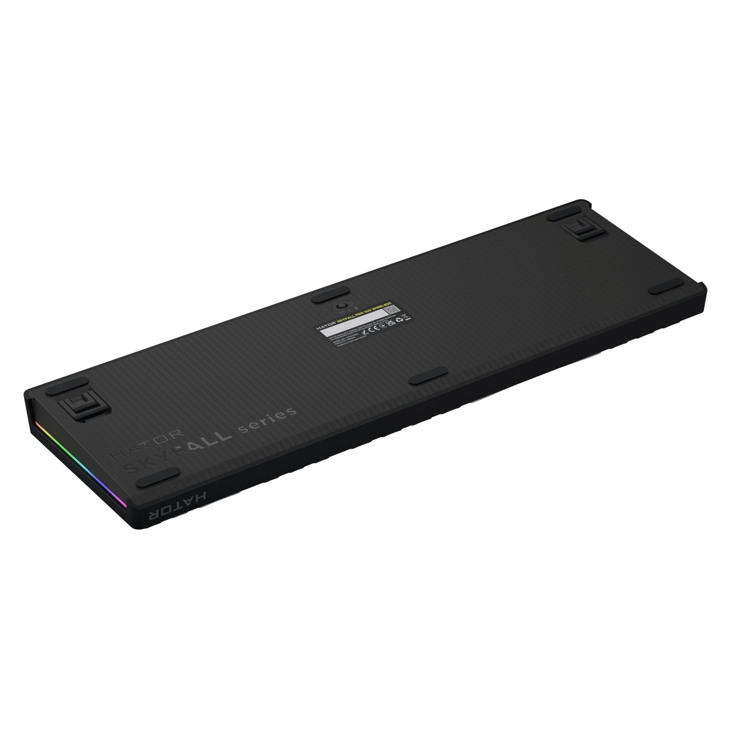 HATOR Skyfall 100 Pro sort trådløst mekanisk tastatur, hot-swappable, fire foldeben, RGB sidebelysning, tekstureret bagside.