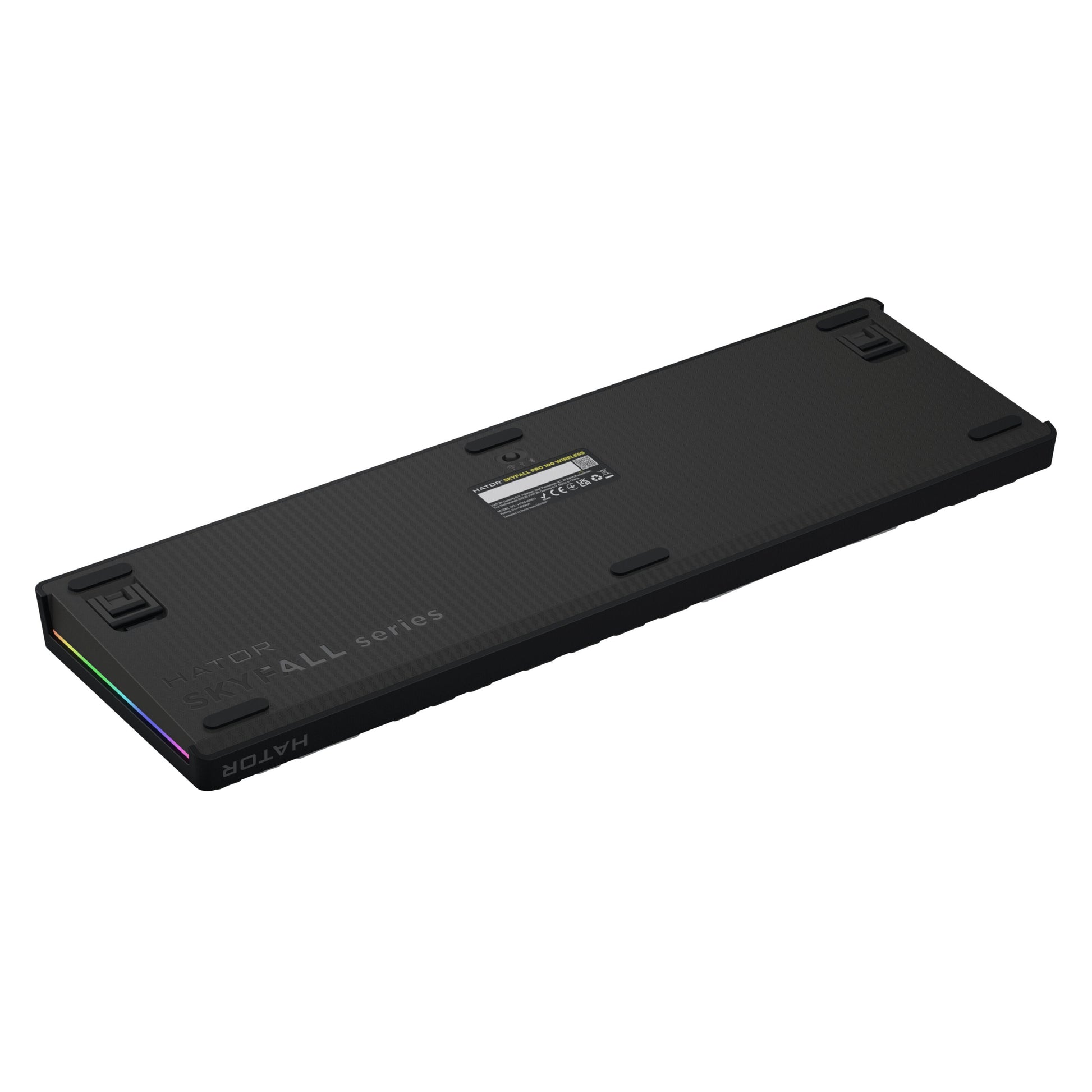 HATOR Skyfall 100 Pro sort trådløst mekanisk tastatur, hot-swappable, fire foldeben, RGB sidebelysning, tekstureret bagside.