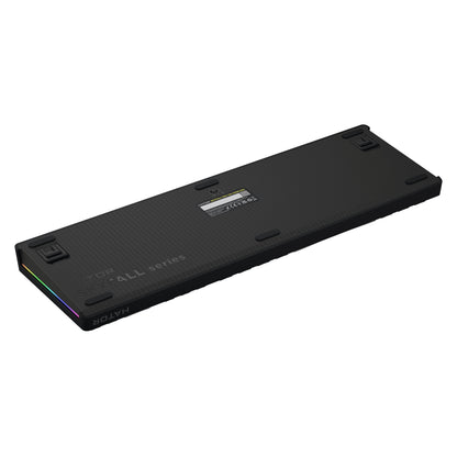 HATOR Skyfall 100 Pro sort trådløst mekanisk tastatur, hot-swappable, fire foldeben, RGB sidebelysning, tekstureret bagside.