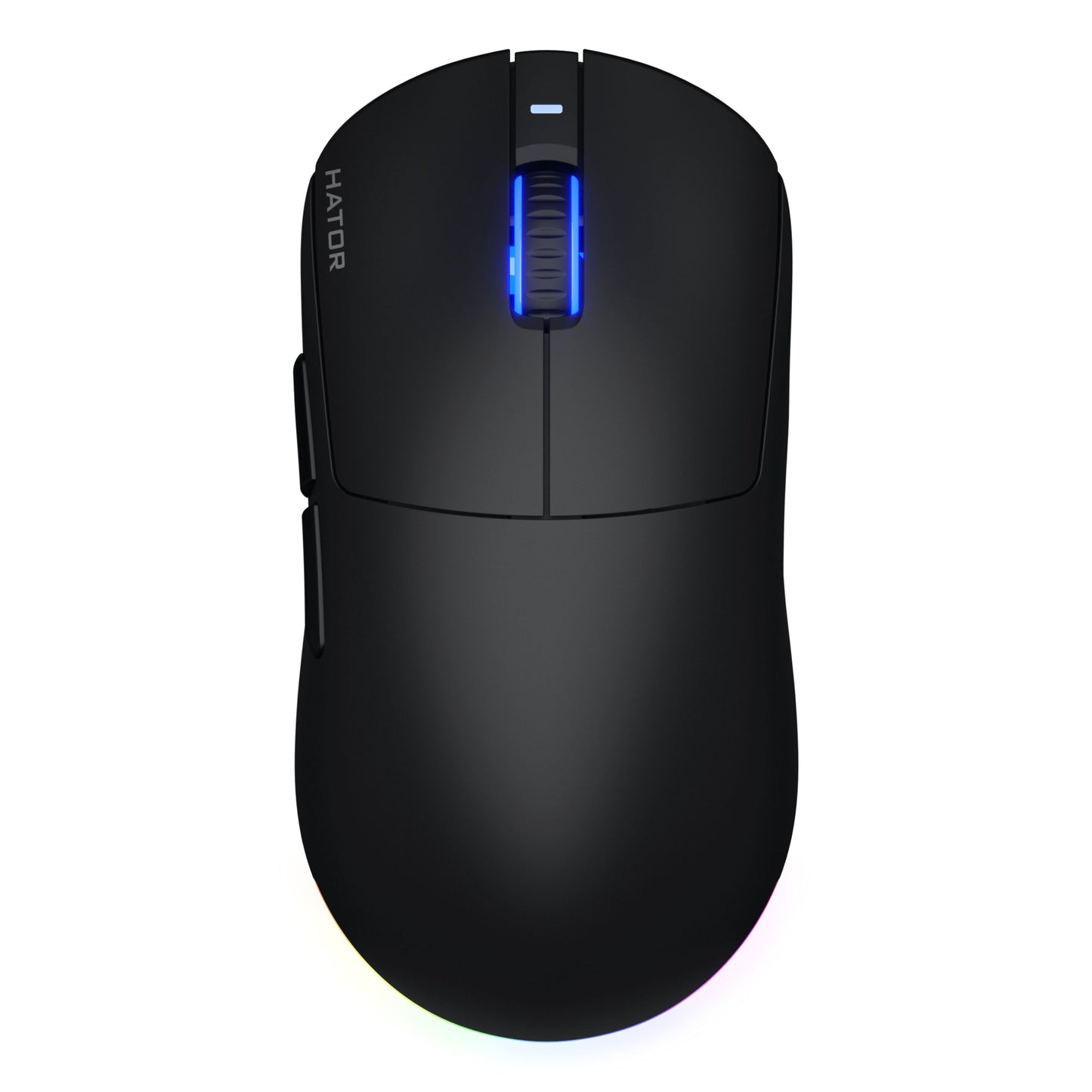 HATOR Quasar 3 Wireless sort gamingmus, PixArt PMW 3311 sensor 12.000 DPI, sideknapper, blå oplyst scrollhjul set oppefra.