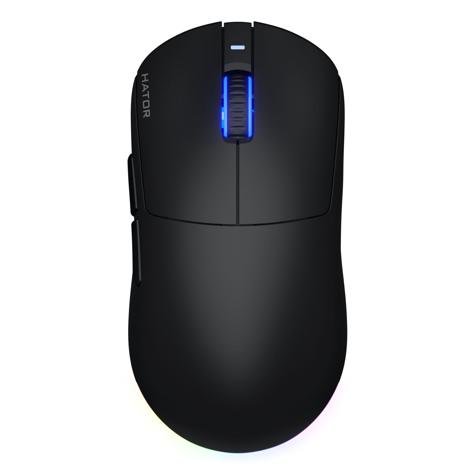 HATOR Quasar 3 Wireless sort gamingmus, PixArt PMW 3311 sensor 12.000 DPI, sideknapper, blå oplyst scrollhjul set oppefra.