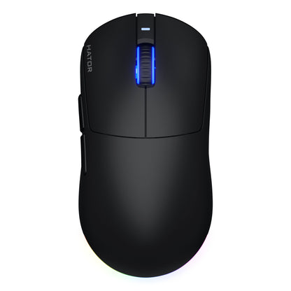 HATOR Quasar 3 Wireless sort gamingmus, PixArt PMW 3311 sensor 12.000 DPI, sideknapper, blå oplyst scrollhjul set oppefra.