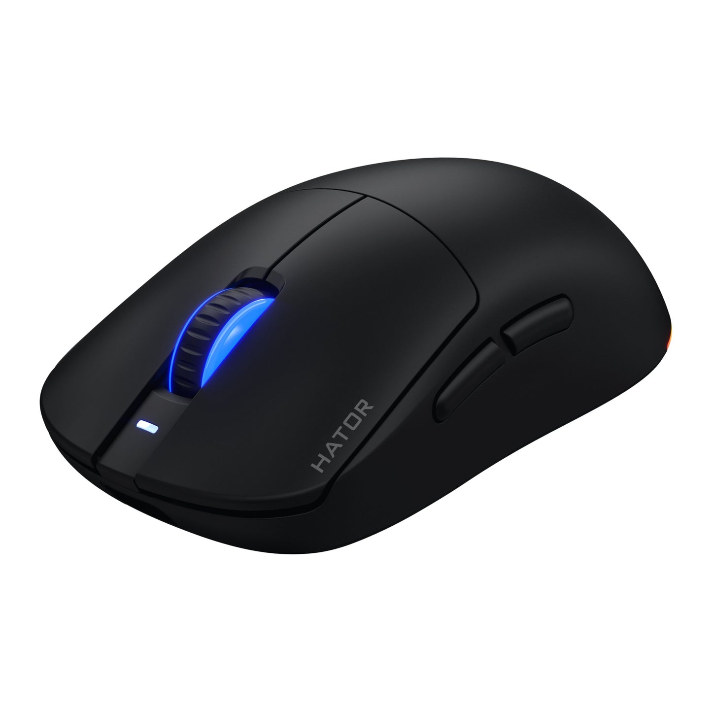 HATOR Quasar 3 Wireless sort gamingmus med blå LED-scrollhjul, sideknapper, PixArt PMW 3311 sensor og op til 12.000 DPI.
