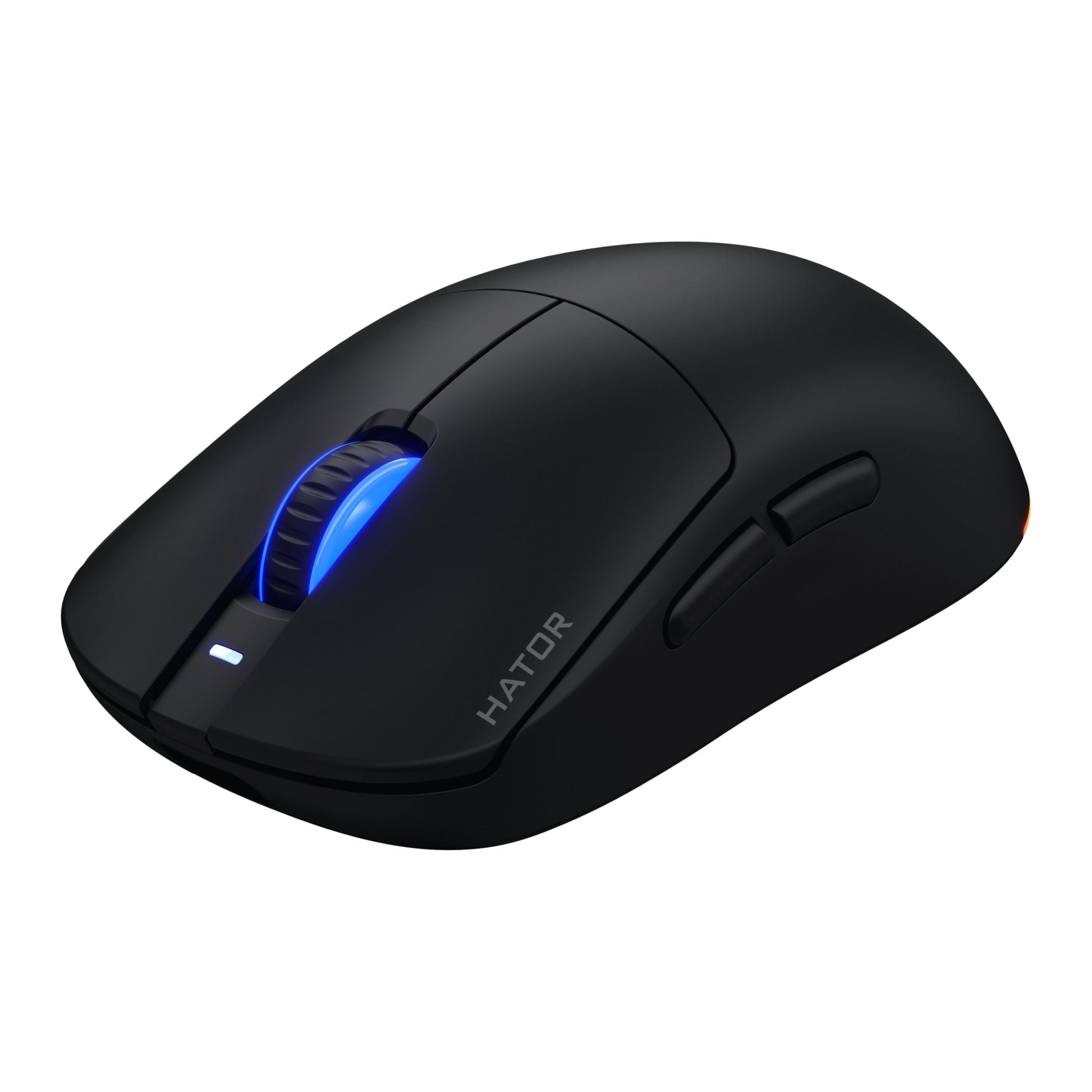 HATOR Quasar 3 Wireless sort gamingmus med blå LED-scrollhjul, sideknapper, PixArt PMW 3311 sensor og op til 12.000 DPI.
