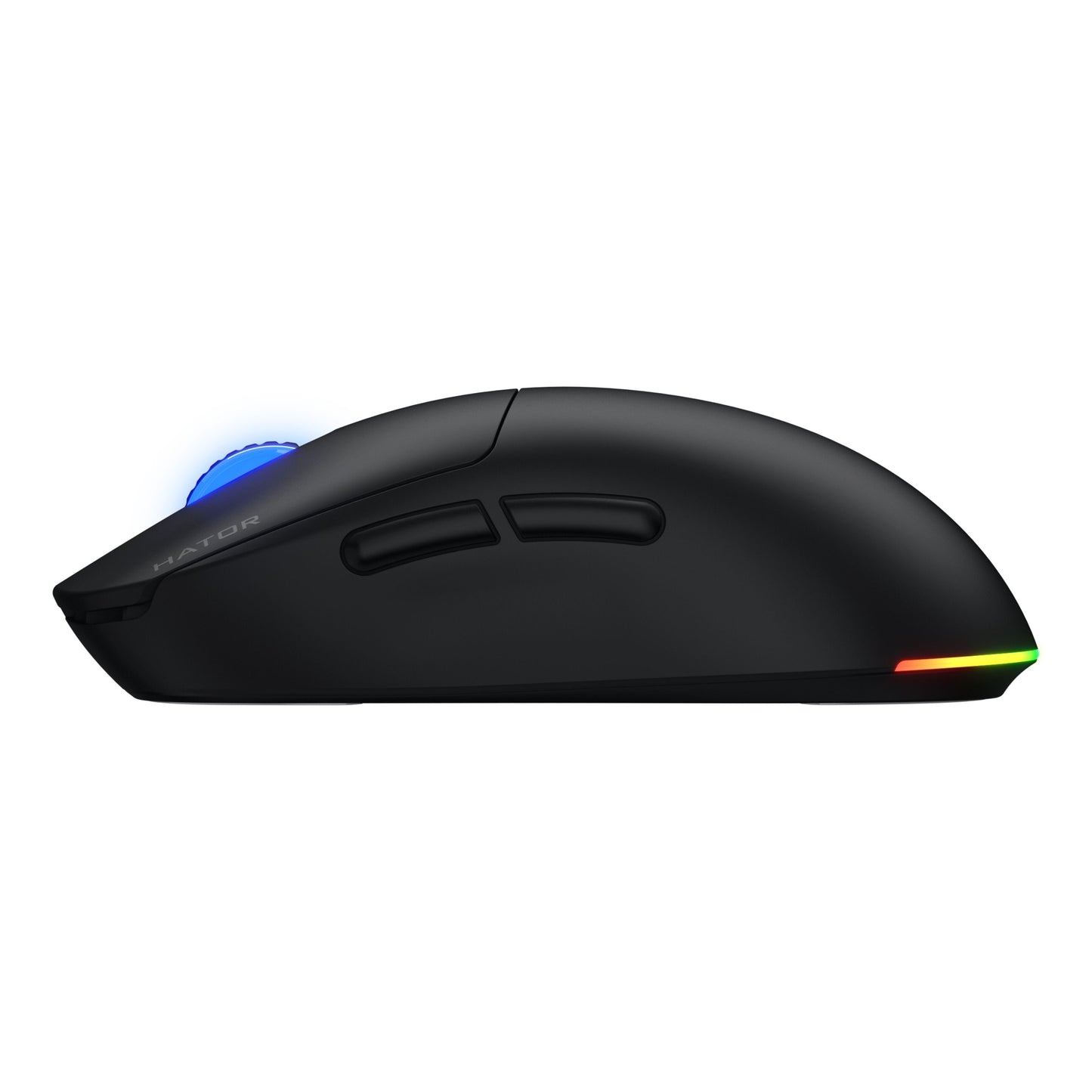 HATOR Quasar 3 Wireless gamingmus i profil med sideknapper, blå oplyst scrollhjul, RGB baglys, PixArt PMW 3311, op til 12.000 DPI.