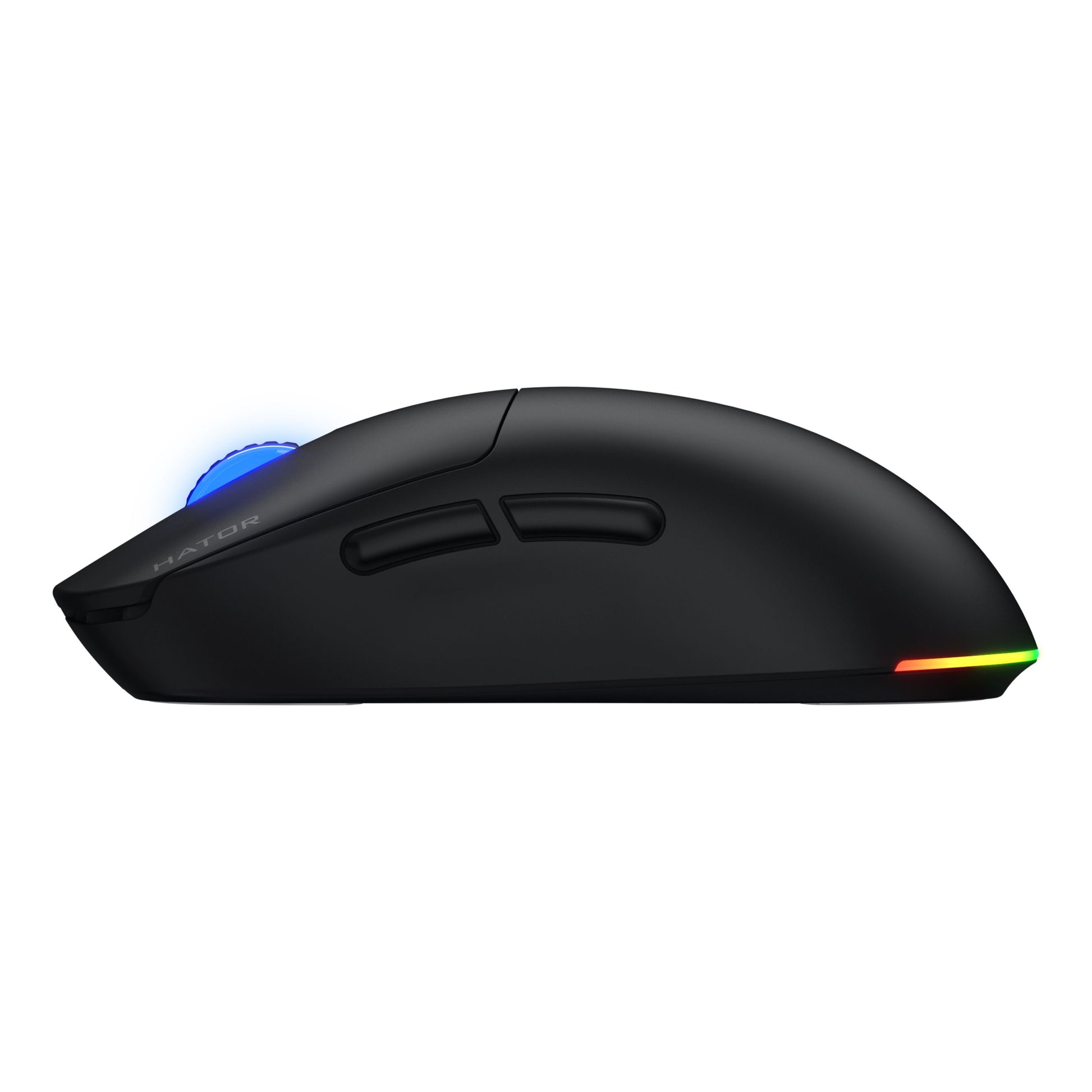 HATOR Quasar 3 Wireless gamingmus i profil med sideknapper, blå oplyst scrollhjul, RGB baglys, PixArt PMW 3311, op til 12.000 DPI.